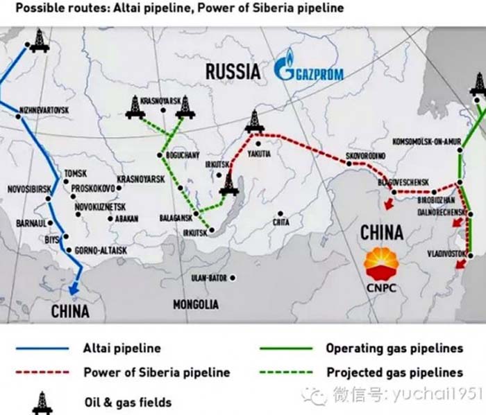 俄羅斯向中國(guó)的兩條輸氣管道示意圖