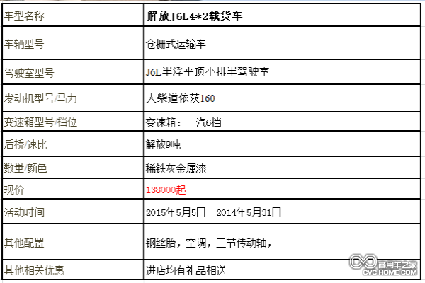 解放J6L4*2倉(cāng)柵式載貨車(chē)參數(shù)表